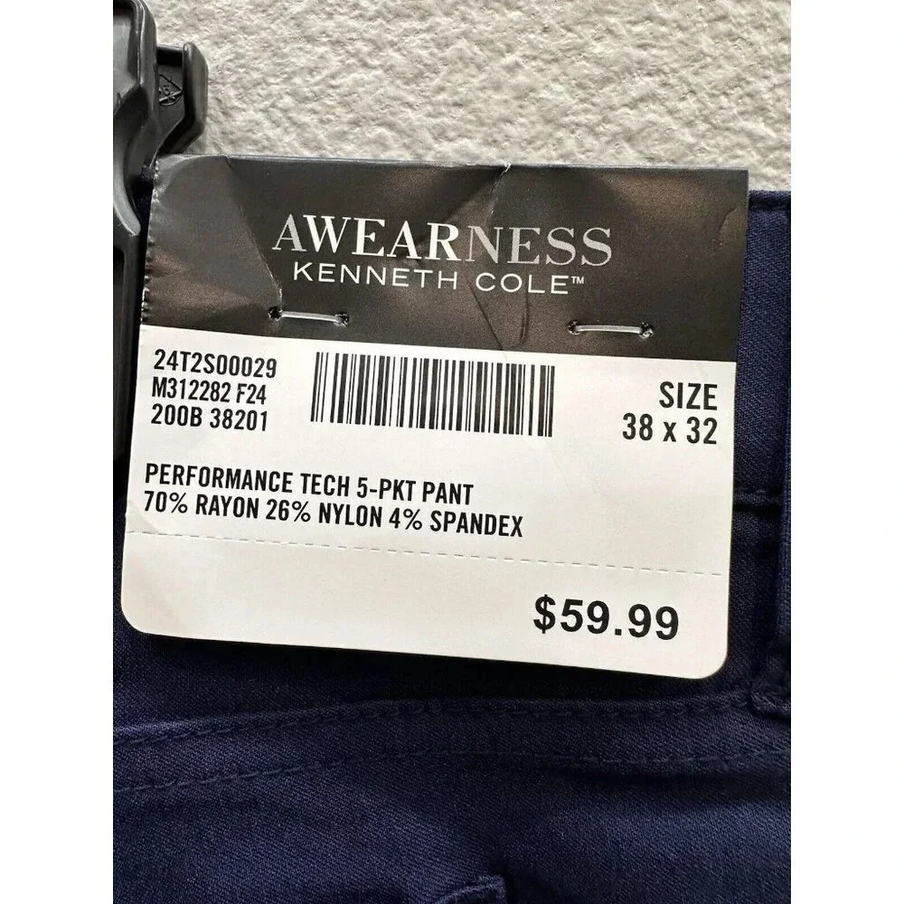 Mens Kenneth Cole Pants Blue 38 X 32 Blue Performance Tech 5 Pkt Pants New $60